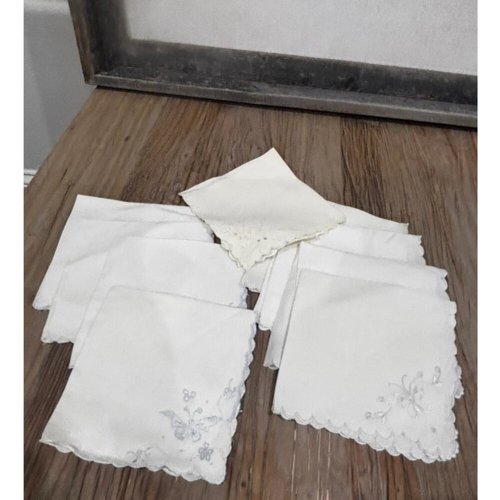 Vintage Embroidered Cocktail Napkins White Linen Butterfly Floral Mixed Lot